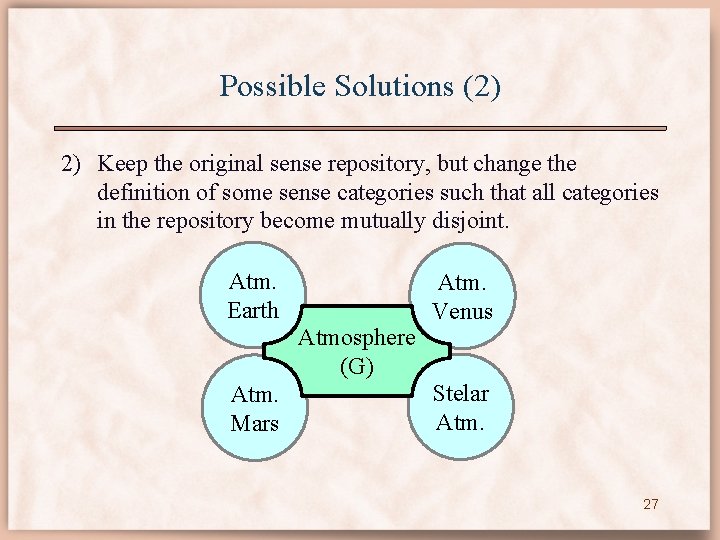 Possible Solutions (2) 2) Keep the original sense repository, but change the definition of