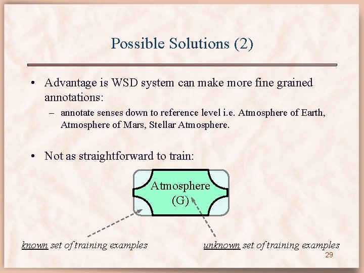 Possible Solutions (2) • Advantage is WSD system can make more fine grained annotations: