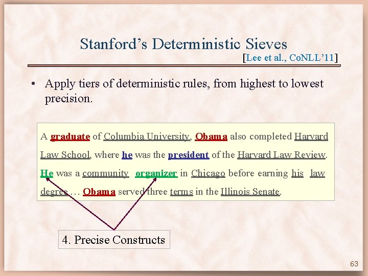 Stanford’s Deterministic Sieves [Lee et al. , Co. NLL’ 11] • Apply tiers of