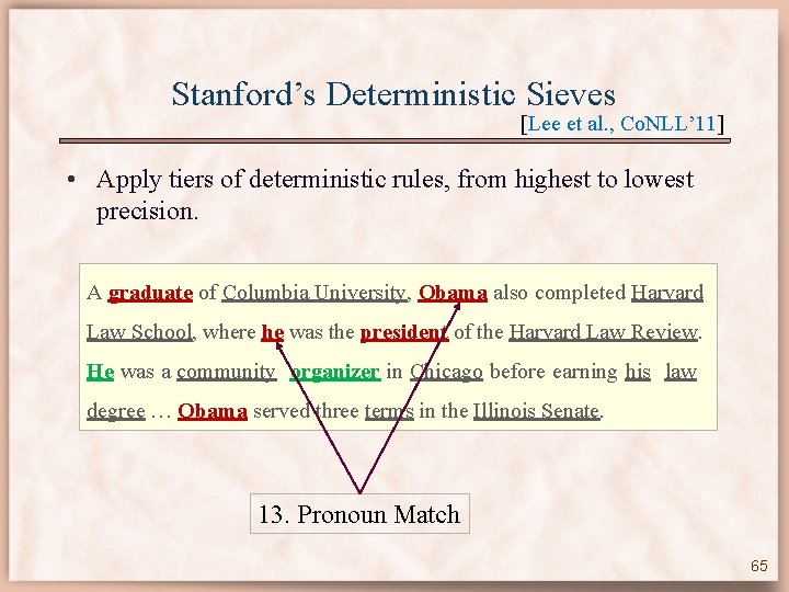 Stanford’s Deterministic Sieves [Lee et al. , Co. NLL’ 11] • Apply tiers of