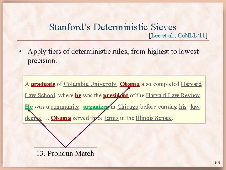 Stanford’s Deterministic Sieves [Lee et al. , Co. NLL’ 11] • Apply tiers of