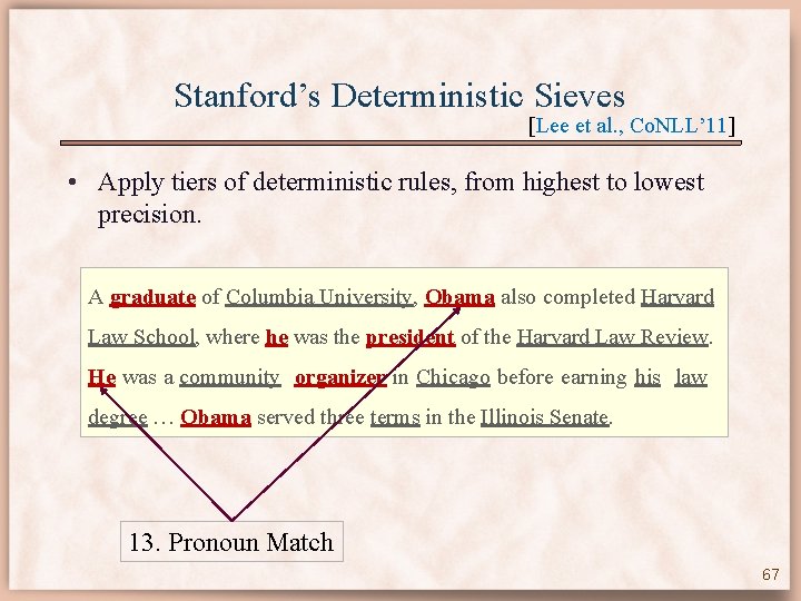 Stanford’s Deterministic Sieves [Lee et al. , Co. NLL’ 11] • Apply tiers of