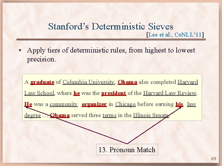 Stanford’s Deterministic Sieves [Lee et al. , Co. NLL’ 11] • Apply tiers of