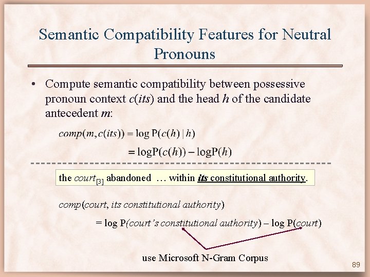 Semantic Compatibility Features for Neutral Pronouns • Compute semantic compatibility between possessive pronoun context