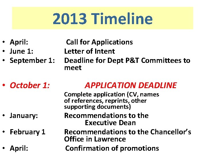 2013 Timeline • April: • June 1: • September 1: • October 1: •