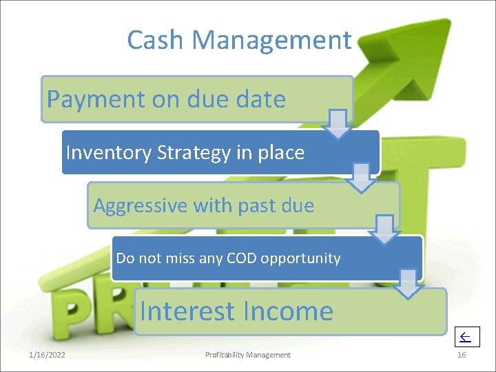 Cash Management Payment on due date Inventory Strategy in place Aggressive with past due