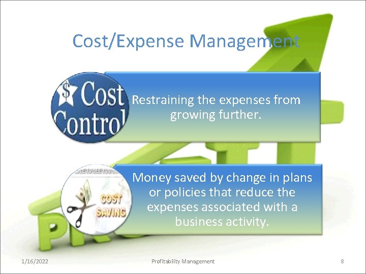 Cost/Expense Management Restraining the expenses from growing further. Money saved by change in plans