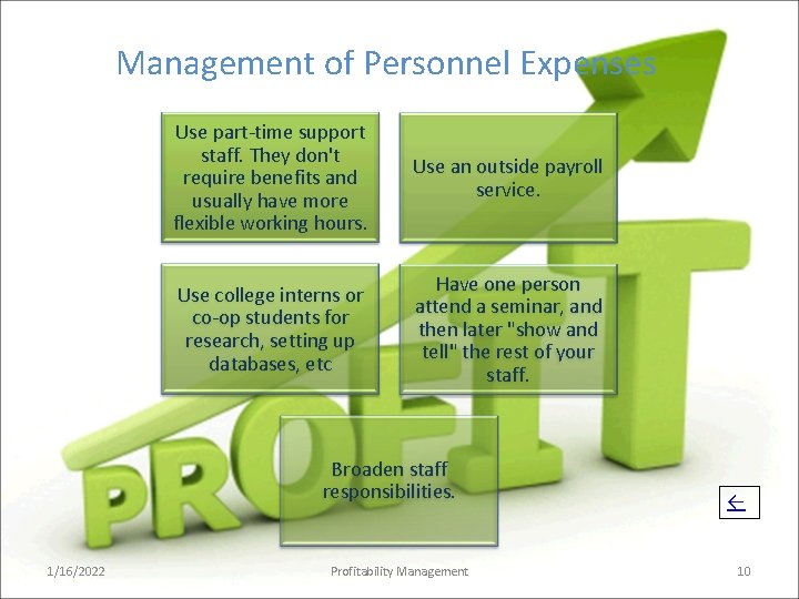Management of Personnel Expenses Use part-time support staff. They don't require benefits and usually