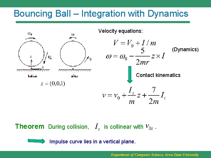 Bouncing Ball – Integration with Dynamics Velocity equations: (Dynamics) Contact kinematics Theorem During collision,