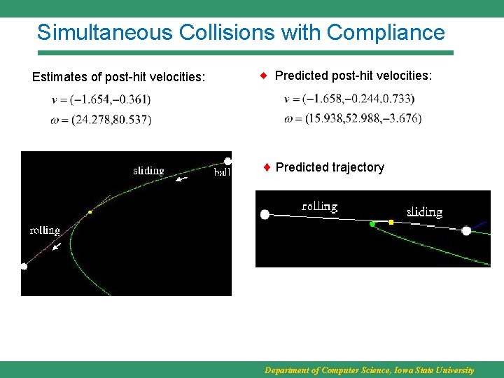 Simultaneous Collisions with Compliance Estimates of post-hit velocities: Predicted trajectory Department of Computer Science,