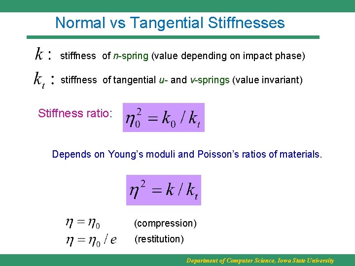 Normal vs Tangential Stiffnesses stiffness of n-spring (value depending on impact phase) stiffness of