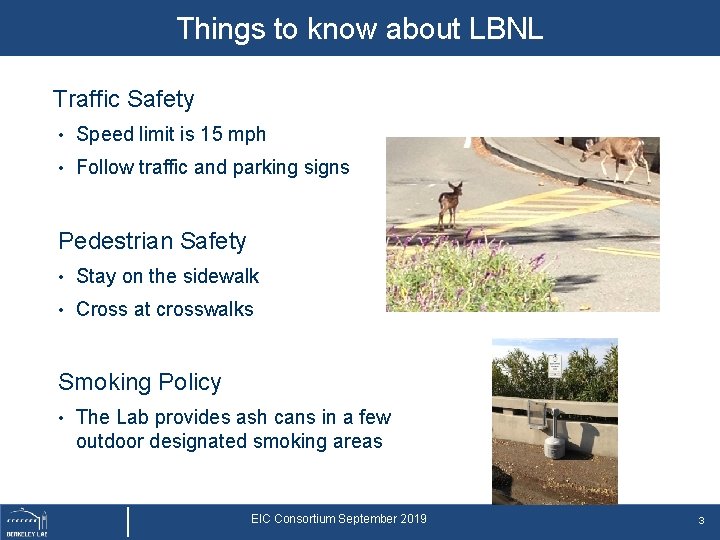 Things to know about LBNL Traffic Safety • Speed limit is 15 mph •