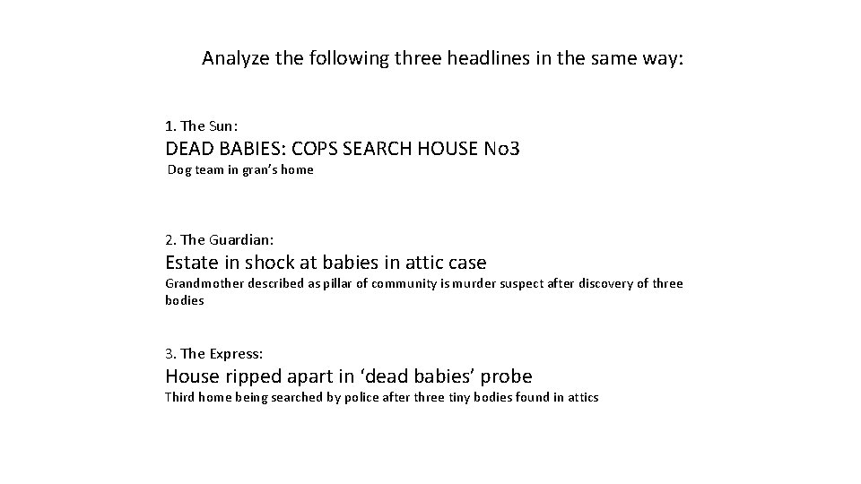Analyze the following three headlines in the same way: 1. The Sun: DEAD BABIES: