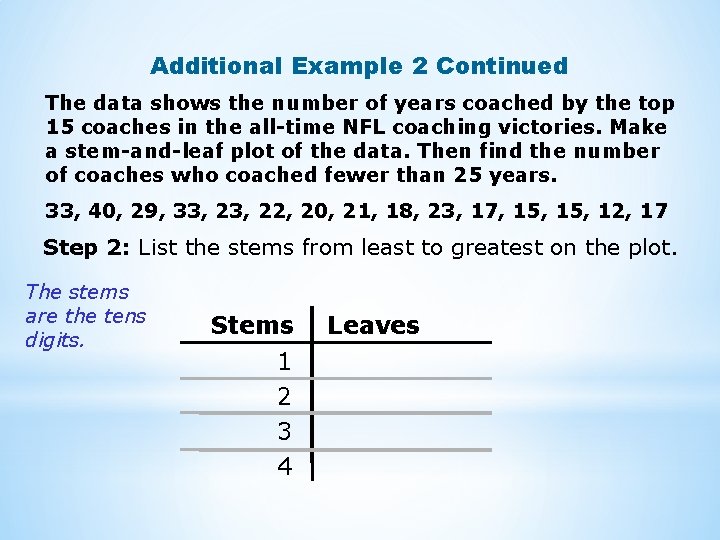 Additional Example 2 Continued The data shows the number of years coached by the