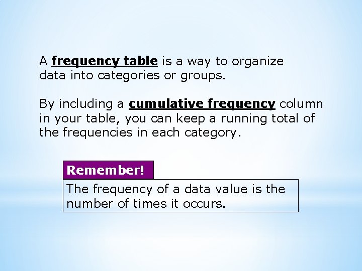 A frequency table is a way to organize data into categories or groups. By