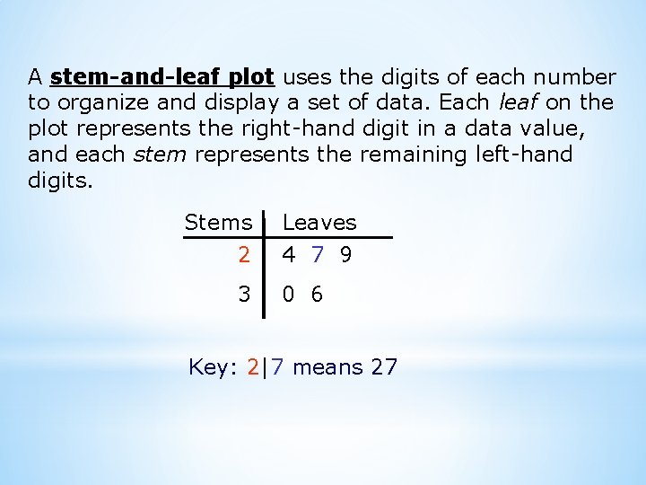 A stem-and-leaf plot uses the digits of each number to organize and display a