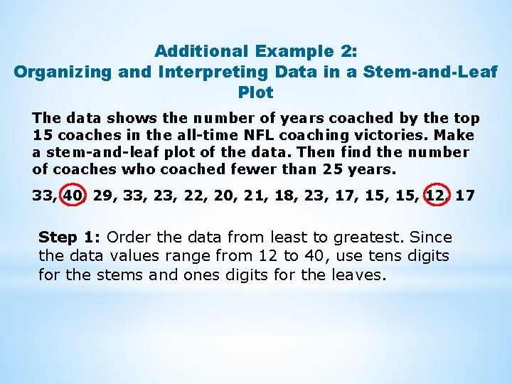 Additional Example 2: Organizing and Interpreting Data in a Stem-and-Leaf Plot The data shows