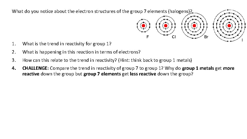 What do you notice about the electron structures of the group 7 elements (halogens)?