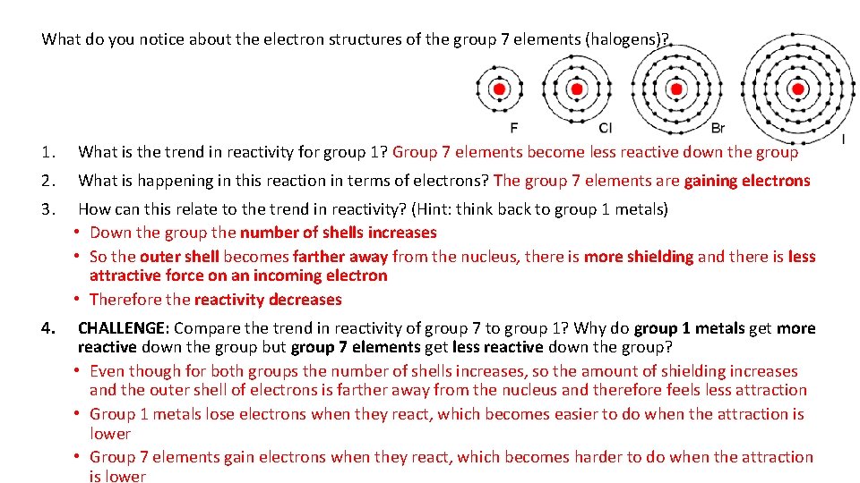 What do you notice about the electron structures of the group 7 elements (halogens)?