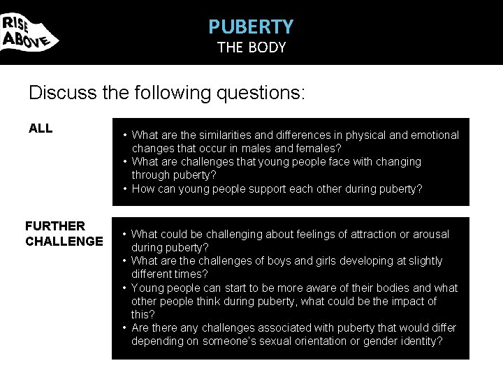 PUBERTY THE BODY Discuss the following questions: ALL FURTHER CHALLENGE • What are the