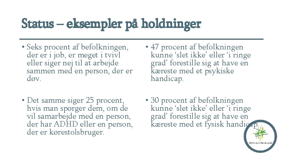 Status – eksempler på holdninger • Seks procent af befolkningen, der er i job,