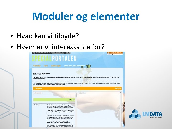 Moduler og elementer • Hvad kan vi tilbyde? • Hvem er vi interessante for?