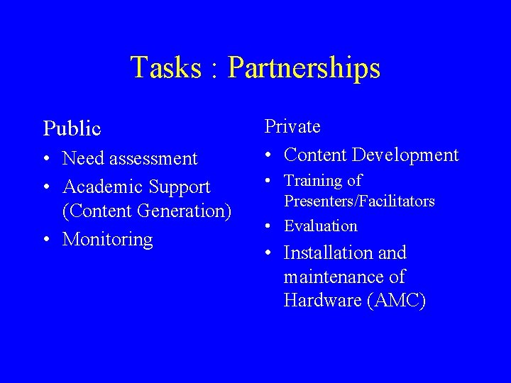 Tasks : Partnerships Public • Need assessment • Academic Support (Content Generation) • Monitoring