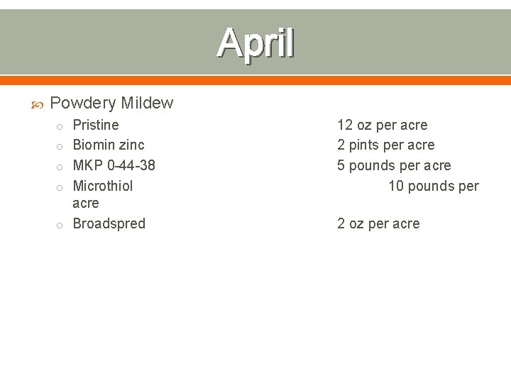 April Powdery Mildew o Pristine o Microthiol 12 oz per acre 2 pints per