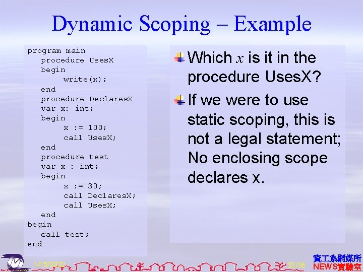 Dynamic Scoping – Example program main procedure Uses. X begin write(x); end procedure Declares.
