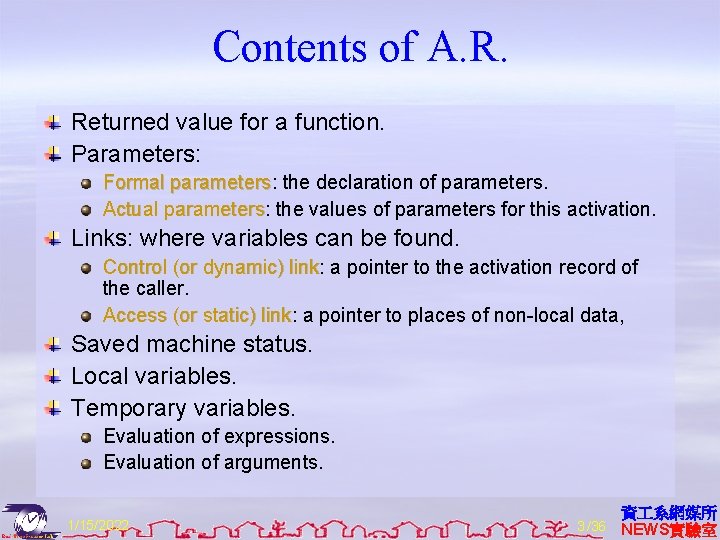 Contents of A. R. Returned value for a function. Parameters: Formal parameters: parameters the