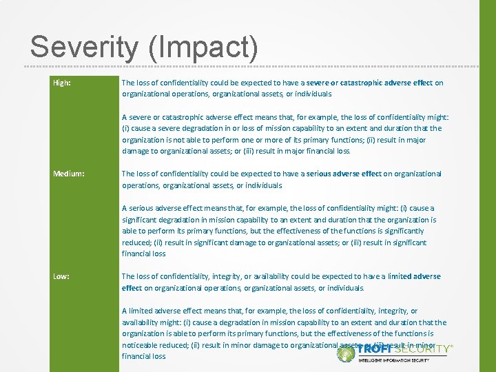 Severity (Impact) High: The loss of confidentiality could be expected to have a severe