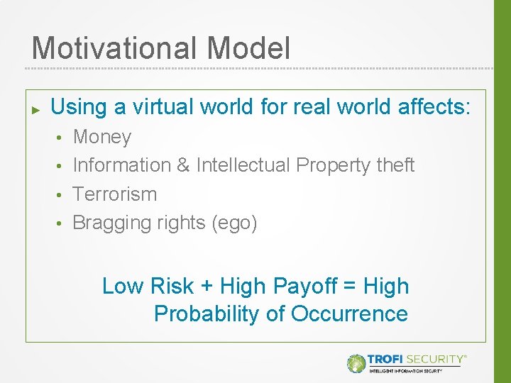 Motivational Model ► Using a virtual world for real world affects: Money • Information