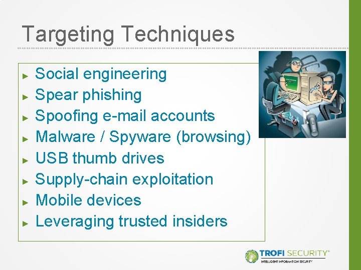 Targeting Techniques ► ► ► ► Social engineering Spear phishing Spoofing e-mail accounts Malware