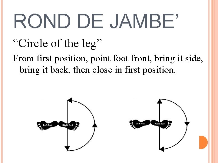 ROND DE JAMBE’ “Circle of the leg” From first position, point foot front, bring