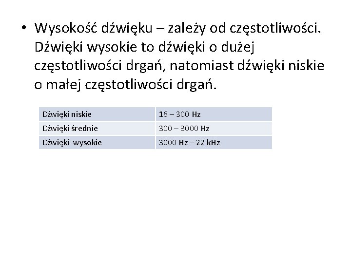  • Wysokość dźwięku – zależy od częstotliwości. Dźwięki wysokie to dźwięki o dużej