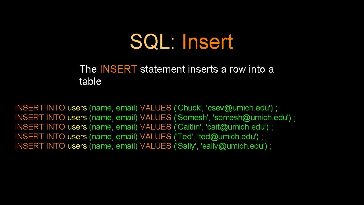 SQL: Insert The INSERT statement inserts a row into a table INSERT INTO users