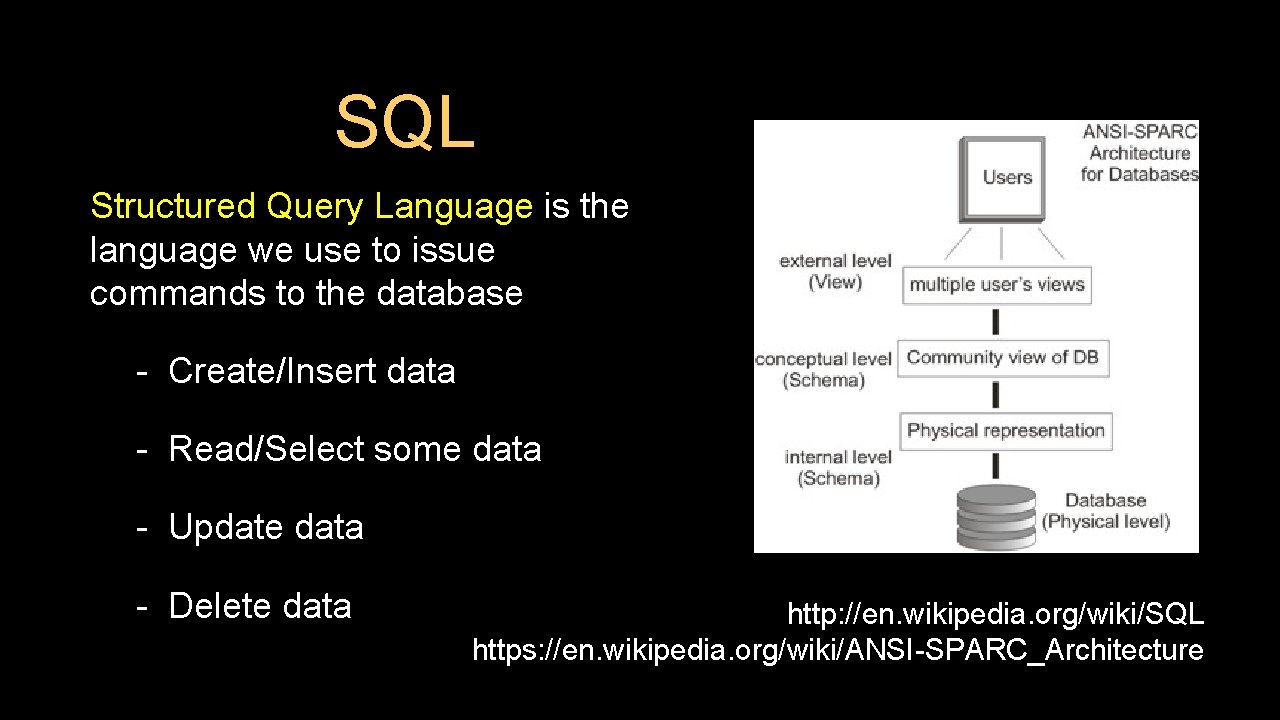 SQL Structured Query Language is the language we use to issue commands to the