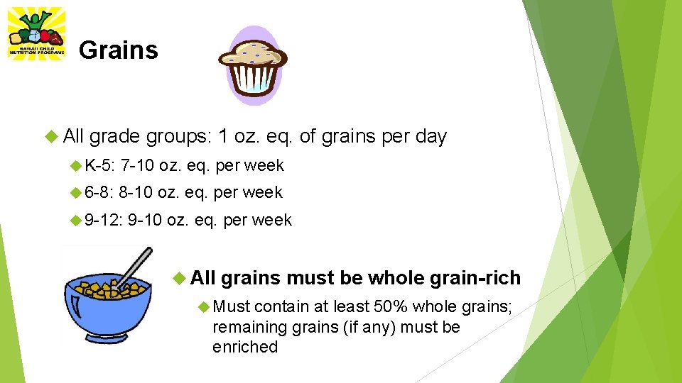 Grains All grade groups: 1 oz. eq. of grains per day K-5: 7 -10