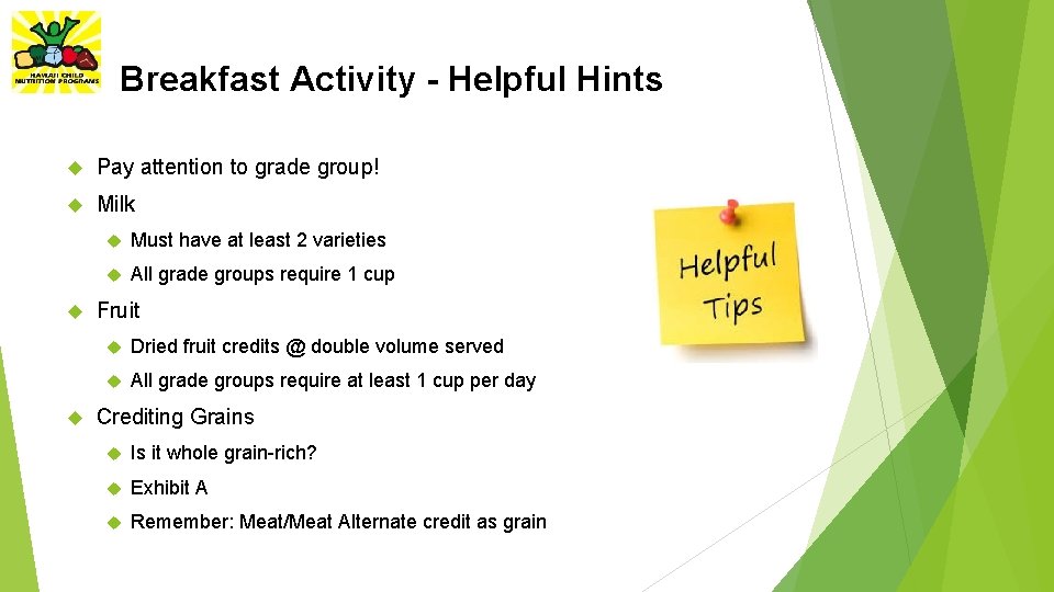 Breakfast Activity - Helpful Hints Pay attention to grade group! Milk Must have at