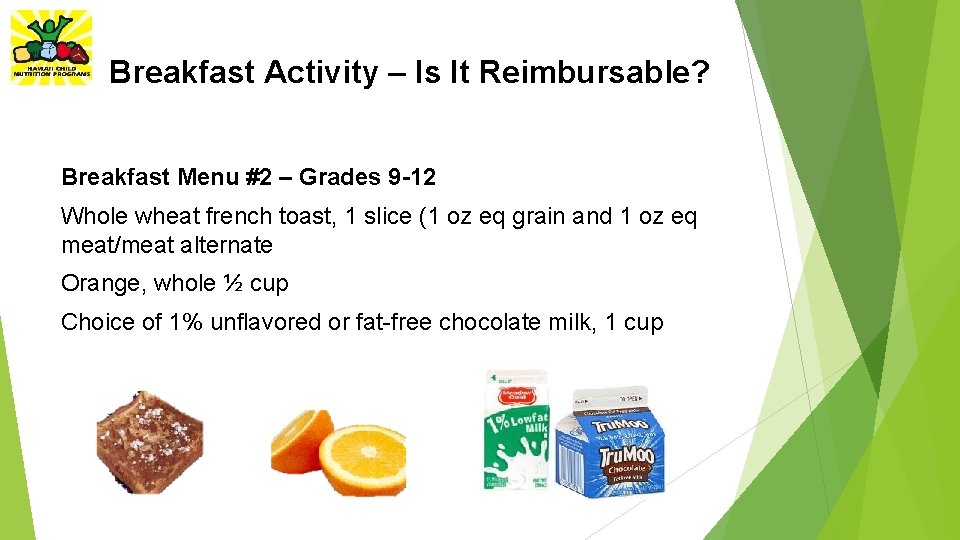 Breakfast Activity – Is It Reimbursable? Breakfast Menu #2 – Grades 9 -12 Whole