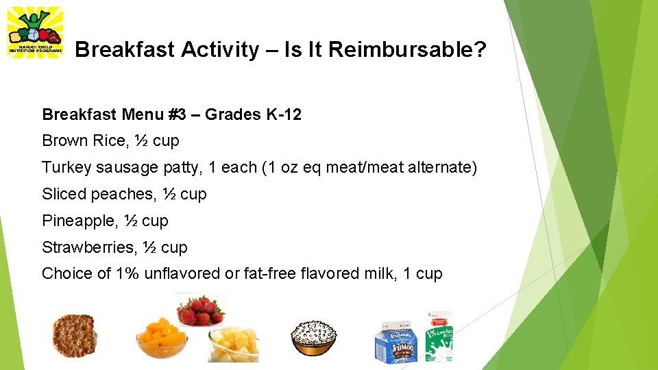 Breakfast Activity – Is It Reimbursable? Breakfast Menu #3 – Grades K-12 Brown Rice,