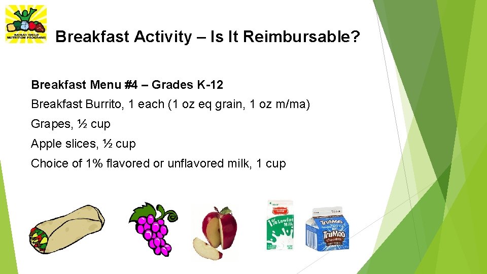 Breakfast Activity – Is It Reimbursable? Breakfast Menu #4 – Grades K-12 Breakfast Burrito,