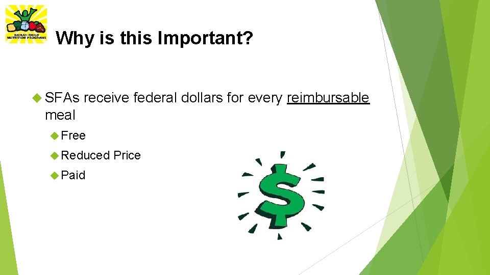 Why is this Important? SFAs receive federal dollars for every reimbursable meal Free Reduced
