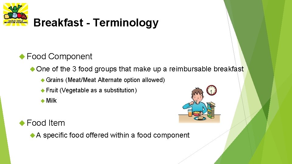 Breakfast - Terminology Food Component One of the 3 food groups that make up