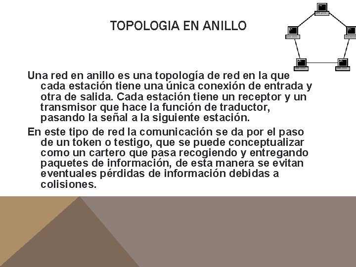 TOPOLOGIA EN ANILLO Una red en anillo es una topología de red en la