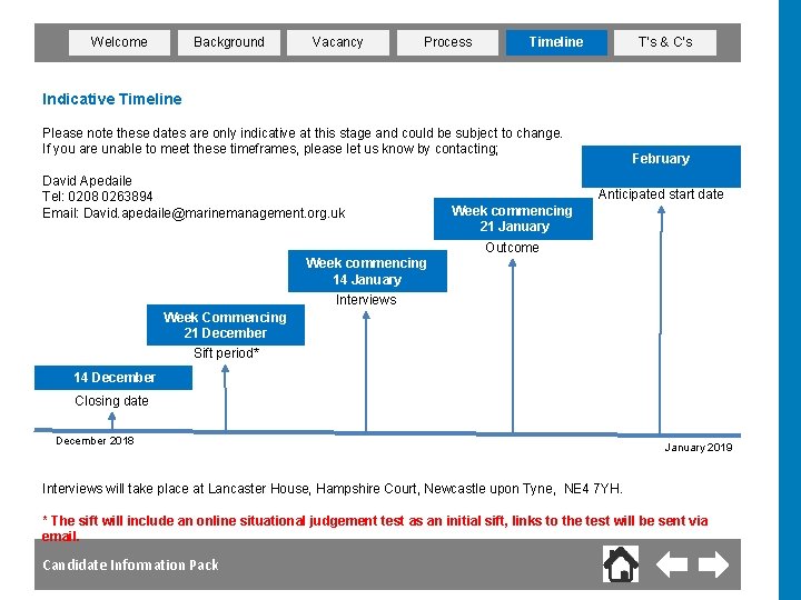 Welcome Background Vacancy Process Timeline T’s & C’s Indicative Timeline Please note these dates