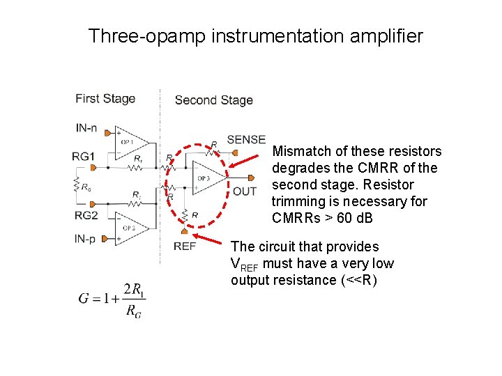 Three-opamp instrumentation amplifier Mismatch of these resistors degrades the CMRR of the second stage.