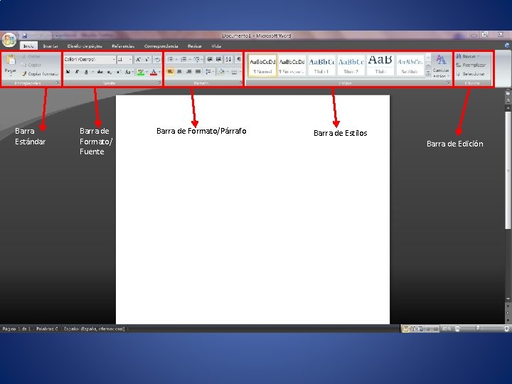 Barra Estándar Barra de Formato/ Fuente Barra de Formato/Párrafo Barra de Estilos Barra de