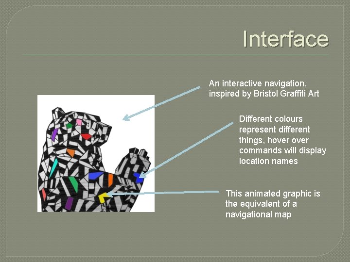 Interface An interactive navigation, inspired by Bristol Graffiti Art Different colours represent different things,
