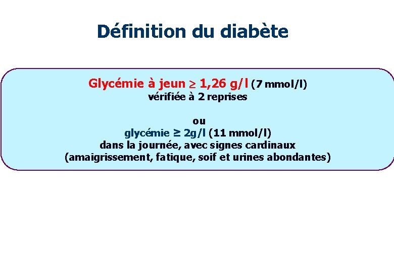 Définition du diabète Glycémie à jeun 1, 26 g/l (7 mmol/l) vérifiée à 2